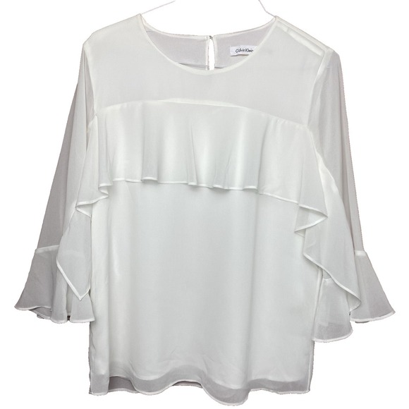 Calvin Klein Collection Tops - Calvin Klein White Bell‎ Ruffle Sleeve Chiffon Shirt Womens Size Medium/Large